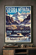 Panoramic view of the main square of Pradollano in Sierra Nevada, Granada. A sunny day after a heavy snowfall in winter.