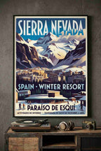 Panoramic view of the main square of Pradollano in Sierra Nevada, Granada. A sunny day after a heavy snowfall in winter.