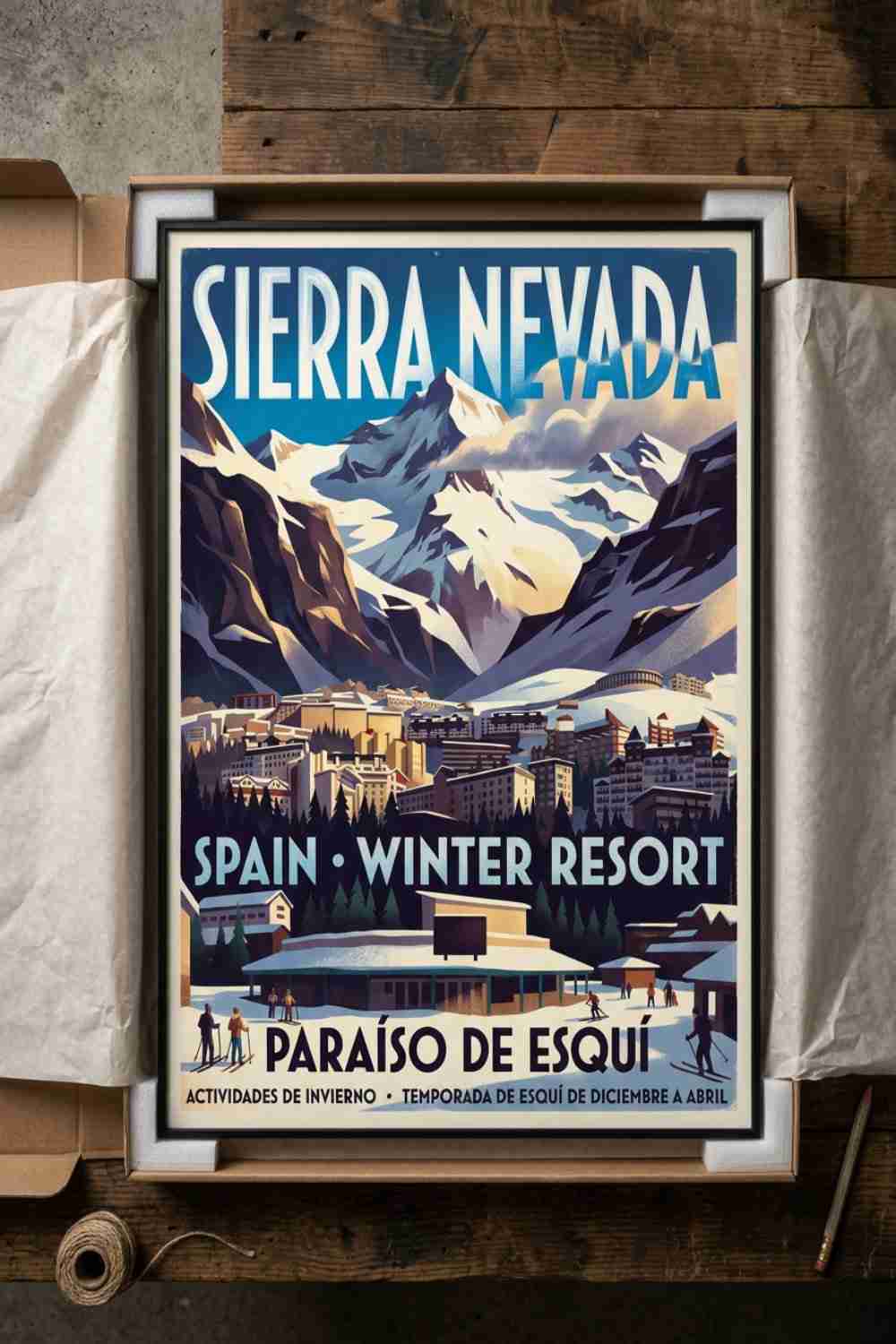 Panoramic view of the main square of Pradollano in Sierra Nevada, Granada. A sunny day after a heavy snowfall in winter.