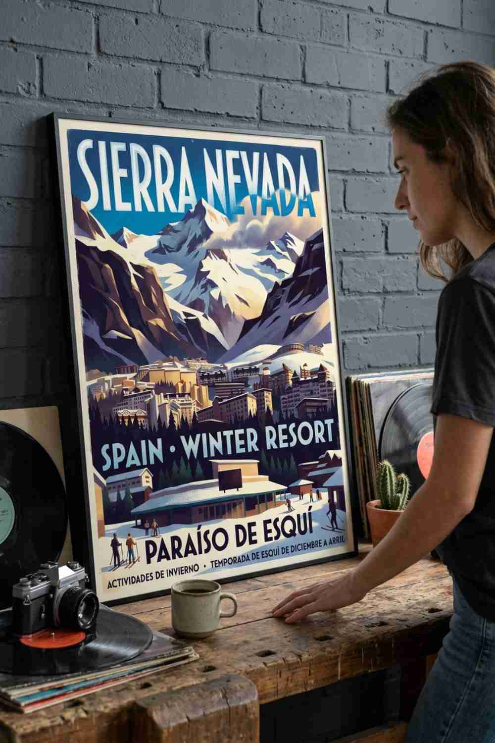 Panoramic view of the main square of Pradollano in Sierra Nevada, Granada. A sunny day after a heavy snowfall in winter.