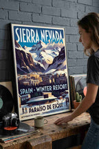 Panoramic view of the main square of Pradollano in Sierra Nevada, Granada. A sunny day after a heavy snowfall in winter.